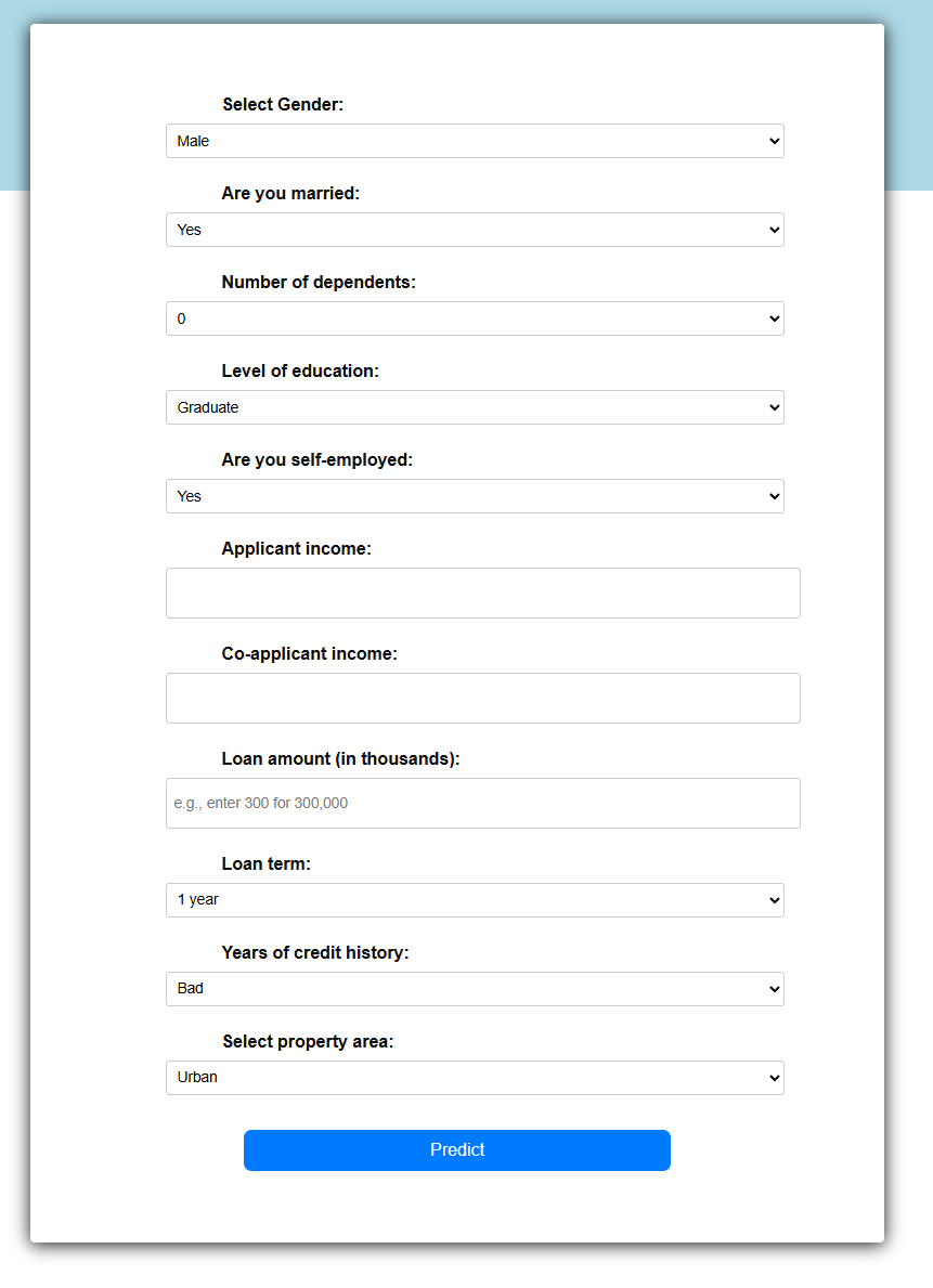 Mortgage Application Success Prediction app home page